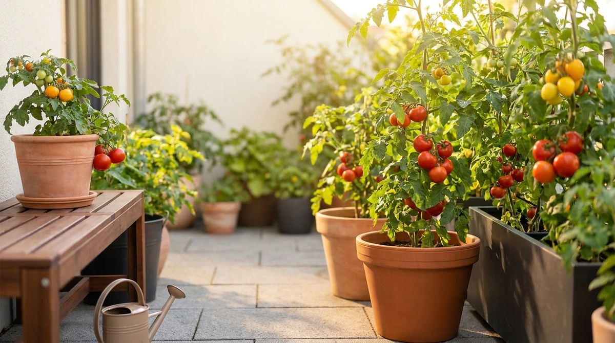 growing tomatoes in containers on a sunny patio
