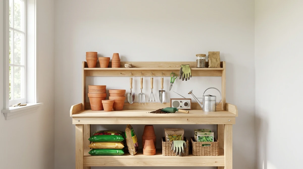 organising a small potting bench in a shed