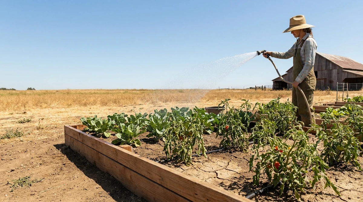 watering a vegetable bed through a dry spell